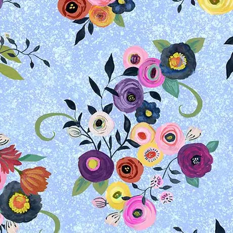Blue Watercolor Floral Toss Cotton 44"/45" Fabric Per Yard