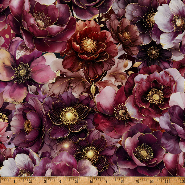 Burgundy Midnight Flora A Hoffman Spectrum Print Cotton 43"/44" Fabric Per Yard