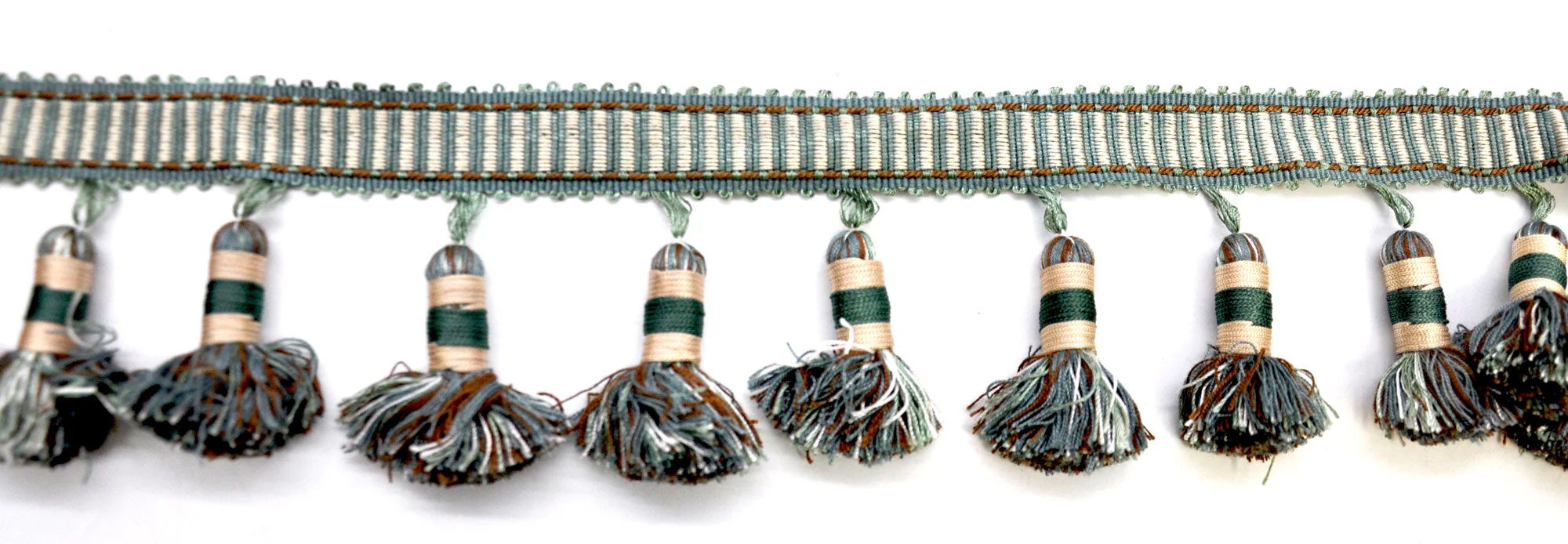 Godiva Collection - 4" length LARGE TASSEL FRINGE (25 Yard Roll) - BF-4098-33/28 Turquoise and Beige - Image 2