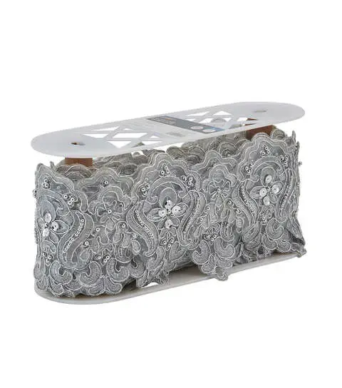 Yaya Han Sew on Fae Lace Trim with Beads 5" Silver - Per Yard